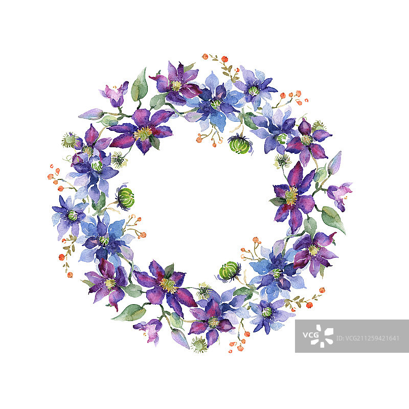 铁线莲花束水彩背景边框装饰图片素材