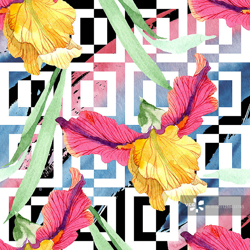 红色大胆的鸢尾花水彩背景无缝图案图片素材