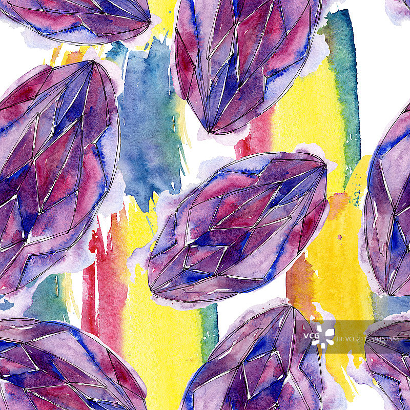 彩色钻石石矿物首饰。水彩水晶石背景设置。无缝的背景图案。图片素材