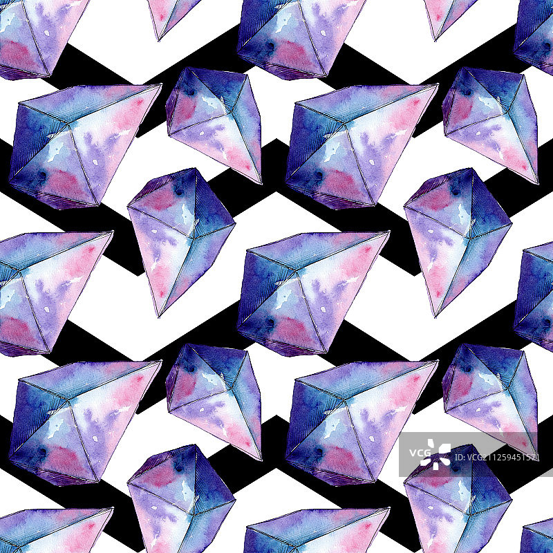彩色钻石石矿物首饰。水彩水晶石背景设置。无缝的背景图案。图片素材
