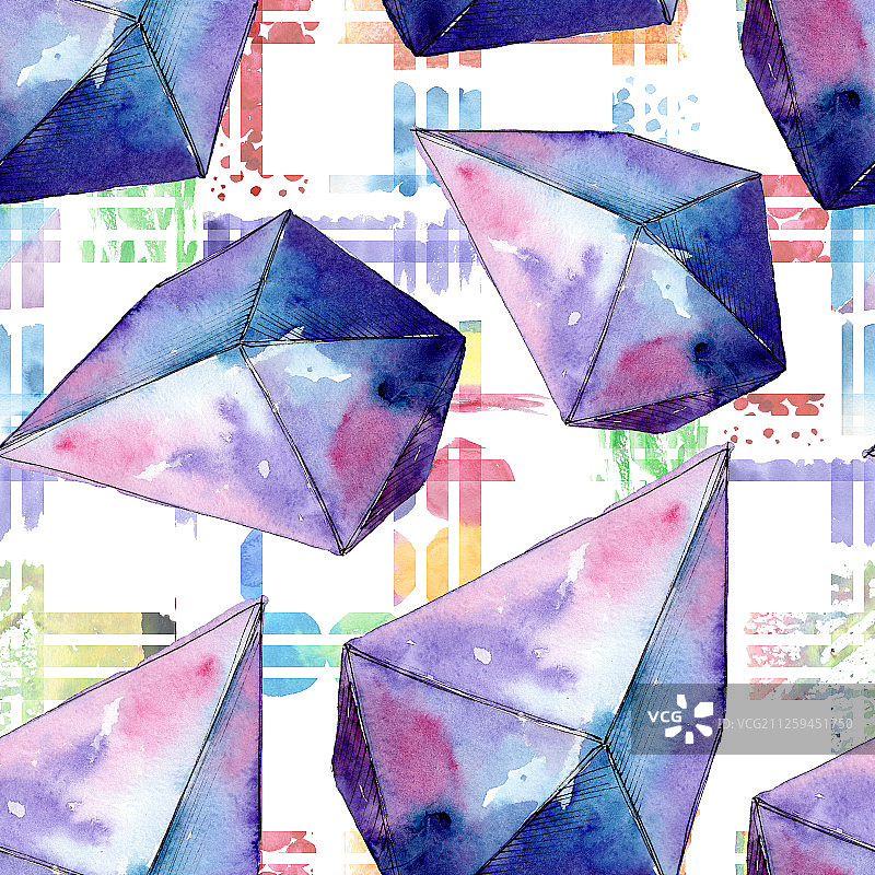 彩色钻石石矿物首饰。水彩水晶石背景设置。无缝的背景图案。图片素材