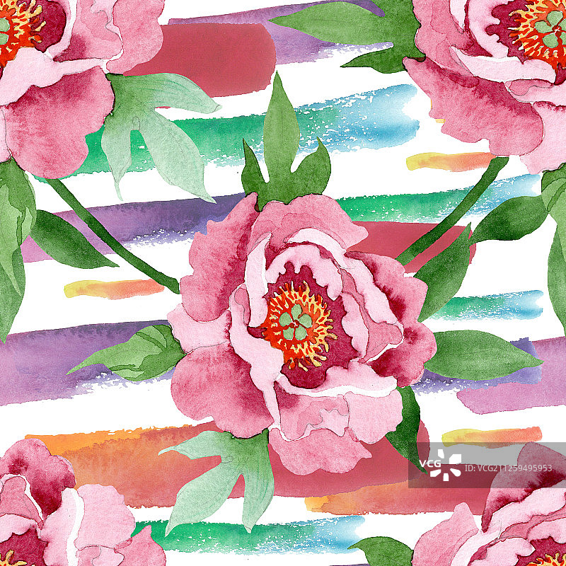 深红色牡丹花卉植物。水彩背景图案。无缝背景模式图片素材