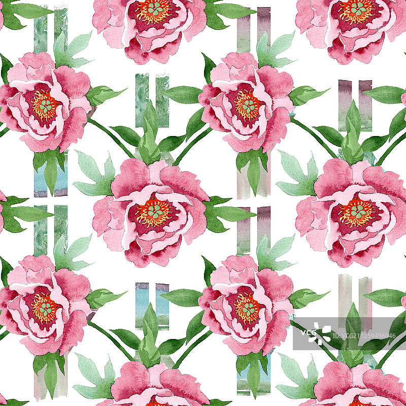 深红色牡丹花卉植物。水彩背景图案。无缝背景模式图片素材