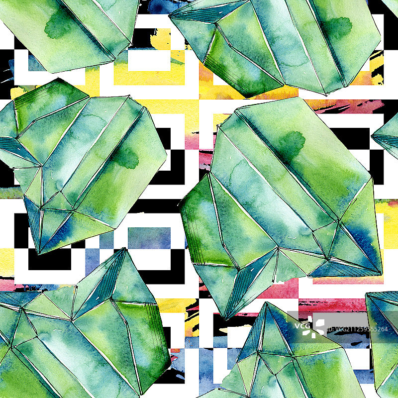 彩色钻石石矿物首饰。水彩水晶石背景设置。无缝的背景图案。图片素材