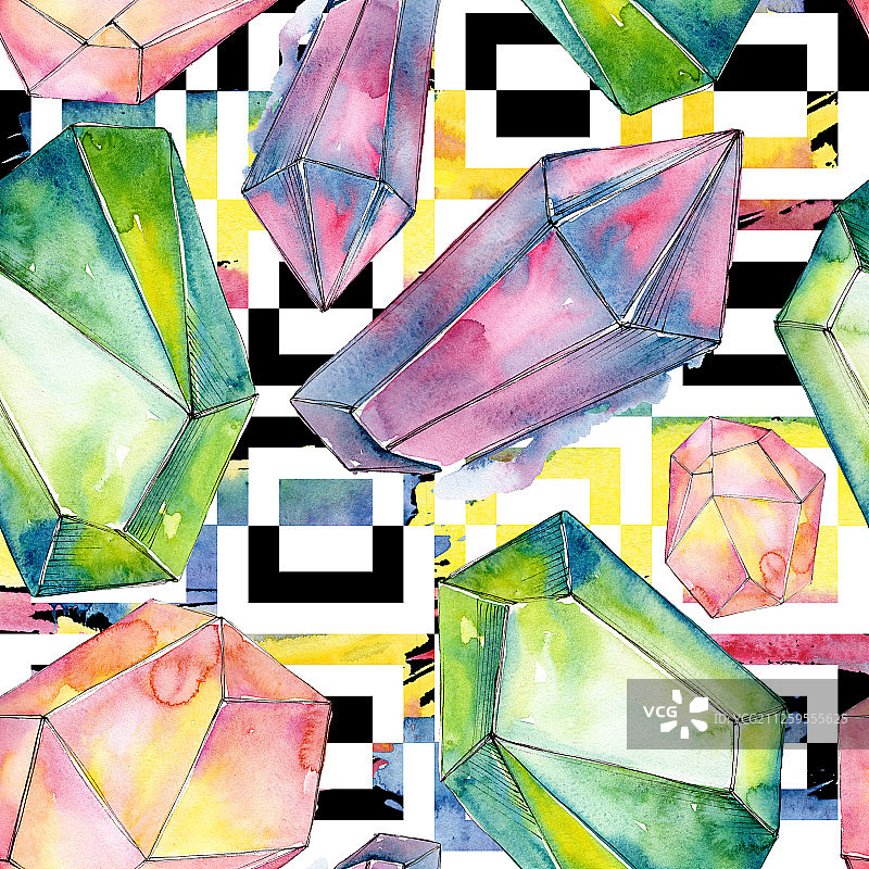 彩色钻石石矿物首饰。水彩水晶石背景设置。无缝的背景图案。图片素材