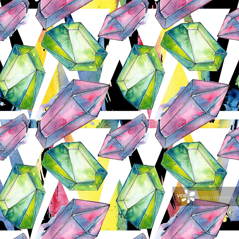 彩色钻石石矿物首饰。水彩水晶石背景设置。无缝的背景图案。图片素材