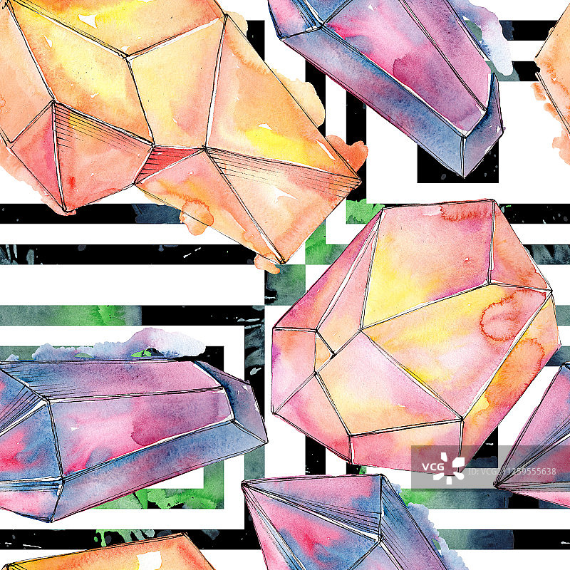 彩色钻石石矿物首饰。水彩水晶石背景设置。无缝的背景图案。图片素材