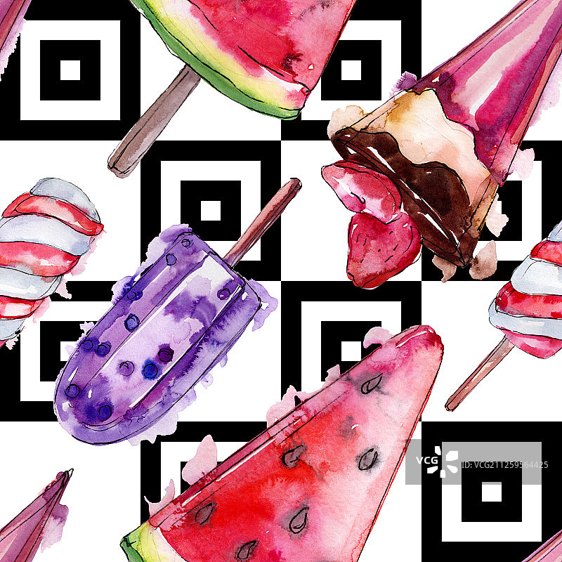 美味的冰淇淋在一个水彩画风格。水彩画甜甜点插图集。无缝的背景图案。图片素材