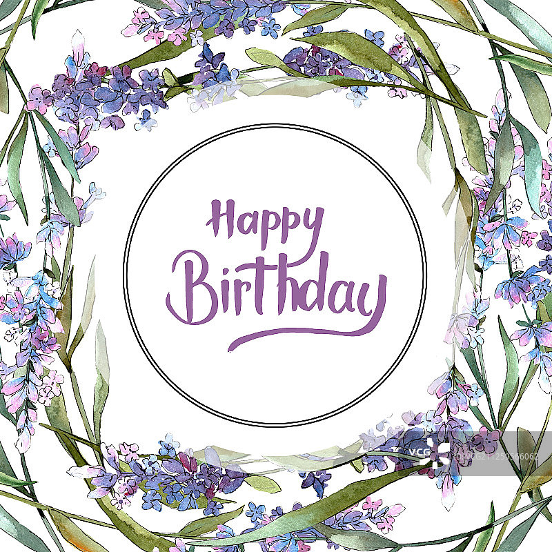 蓝紫色薰衣草植物花卉水彩背景插图，边框装饰方块图片素材