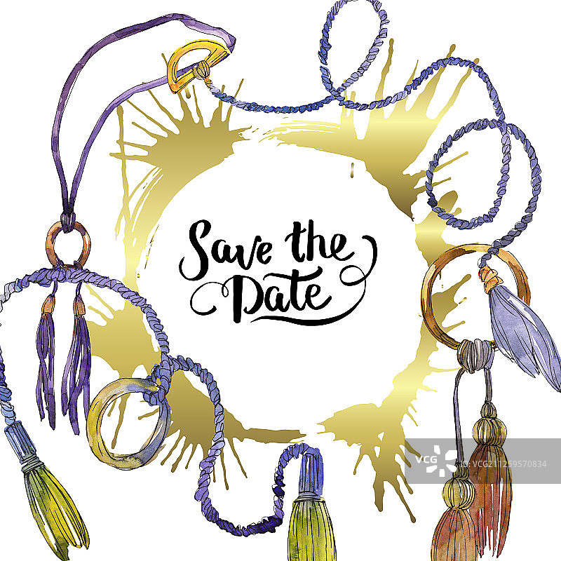 水彩风格的绳索和流苏素描，水彩背景边框正方形图片素材