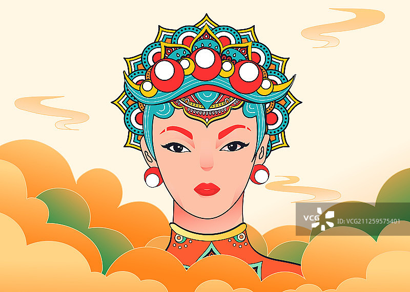 卡通国潮喜庆脸谱唱戏头饰装扮人物背景矢量插画图片素材