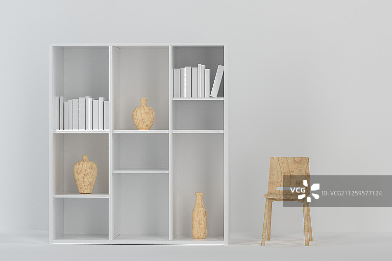 简约风格书橱与空房间 三维渲染图片素材