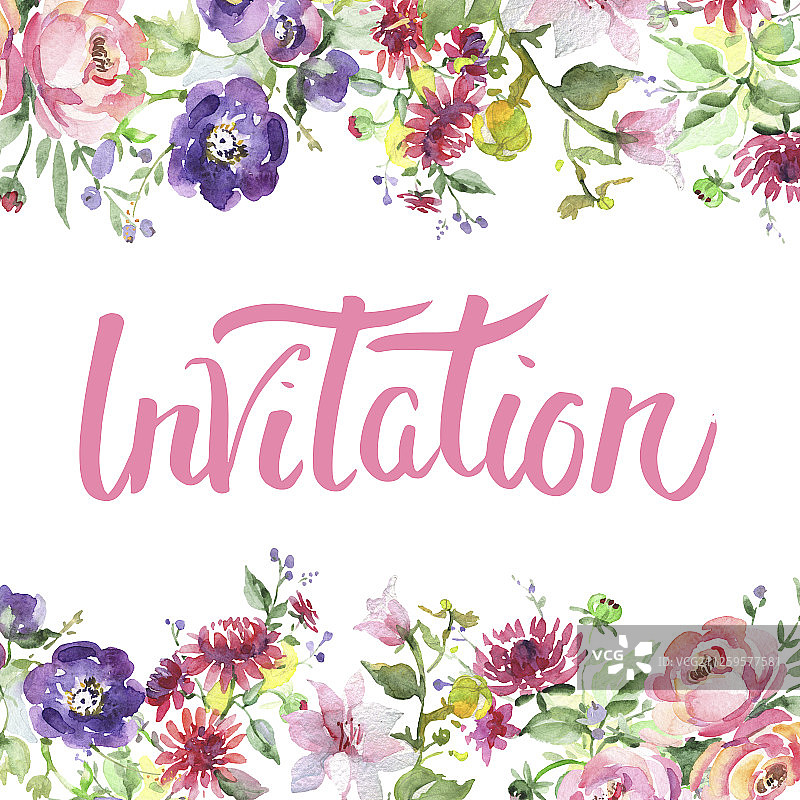 花束，植物花。水彩背景插图集。边框装饰方形。图片素材