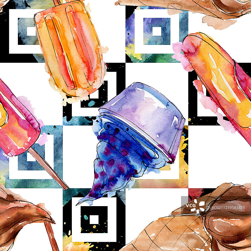 美味的冰淇淋在一个水彩画风格。水彩画甜甜点插图集。无缝的背景图案。图片素材