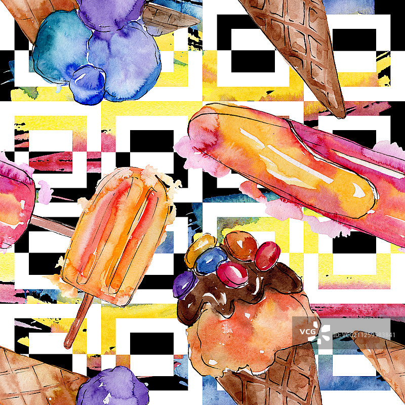 美味的冰淇淋在一个水彩画风格。水彩画甜甜点插图集。无缝的背景图案。图片素材