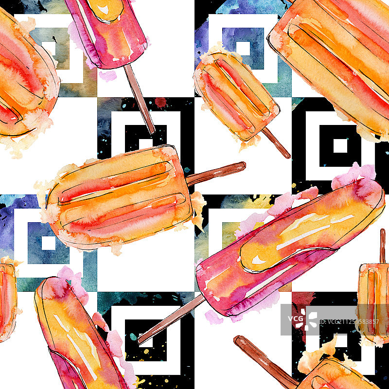 美味的冰淇淋在一个水彩画风格。水彩画甜甜点插图集。无缝的背景图案。图片素材