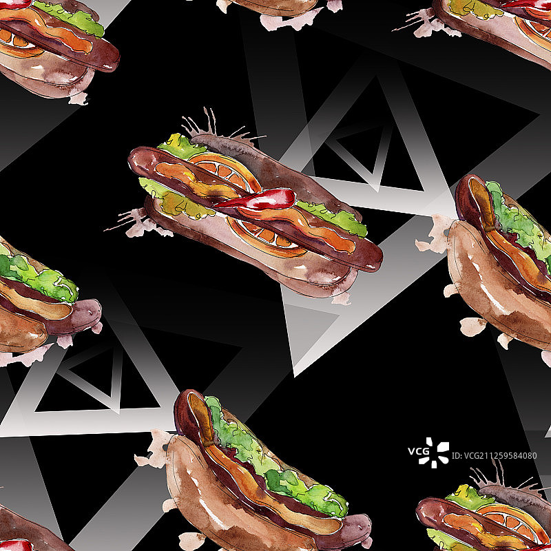 美味热狗快餐食品水彩背景无缝图案图片素材