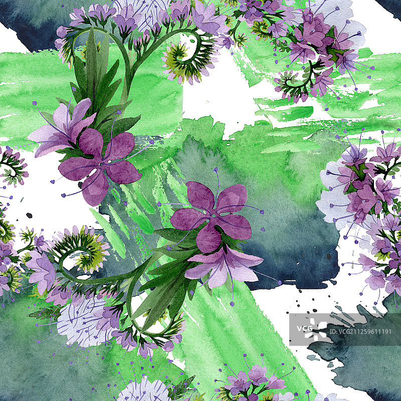 紫色蜂室花植物水彩背景无缝图案图片素材