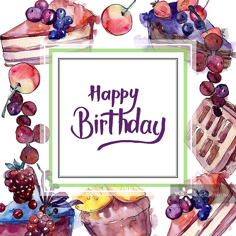 美味蛋糕，水彩风格，边框装饰图片素材