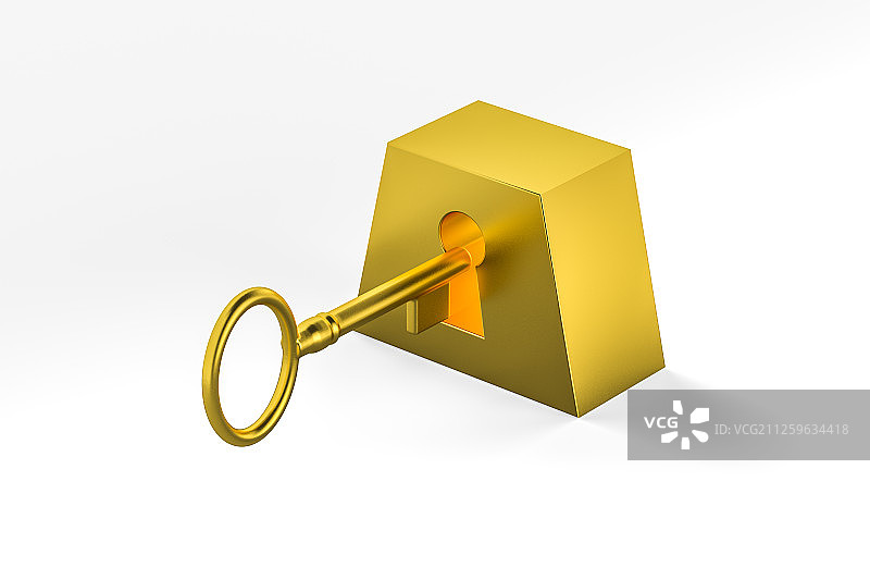 金钥匙与钥匙孔金块 三维渲染图片素材