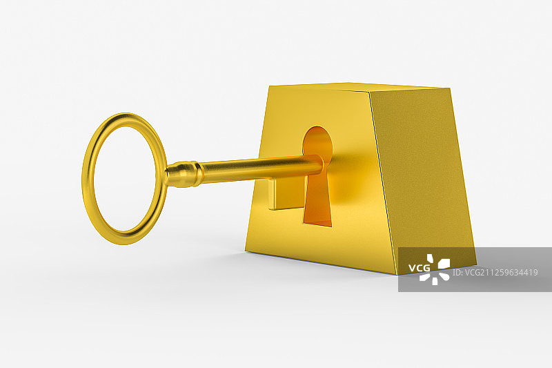金钥匙与钥匙孔金块 三维渲染图片素材