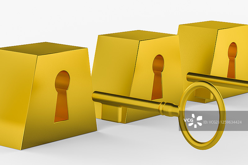 金钥匙与钥匙孔金块 三维渲染图片素材