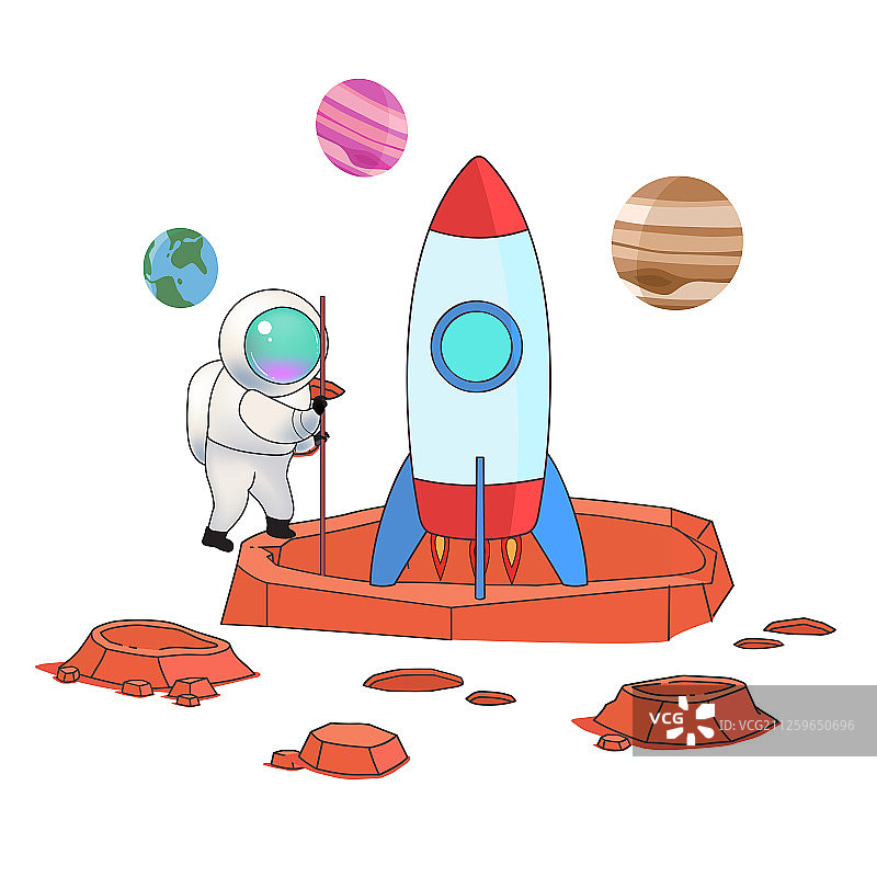 卡通宇宙星球宇航员外太空火箭发射背景矢量插画图片素材