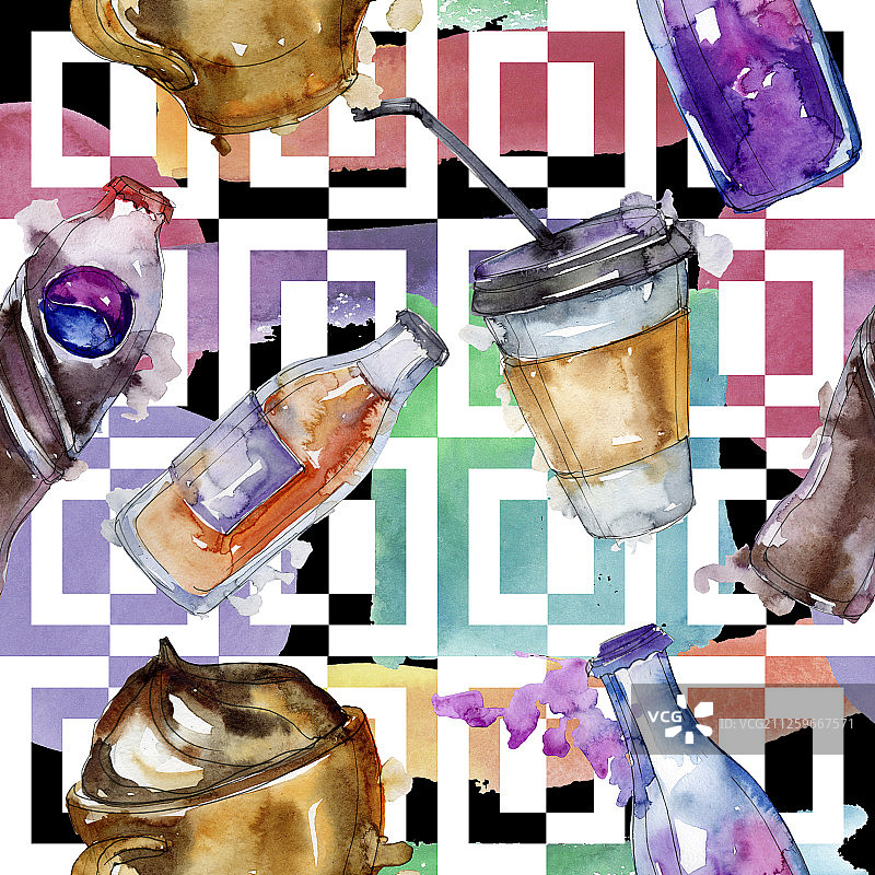 新鲜冰凉的软饮料。水彩背景插图集。无缝背景图案。图片素材