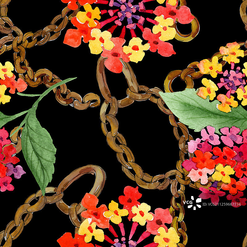 红色马缨丹花卉植物水彩背景插图套装无缝背景图案图片素材