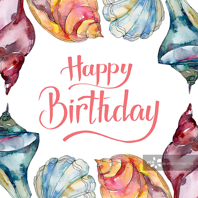 夏季海滩贝壳热带元素水彩背景边框方形图片素材