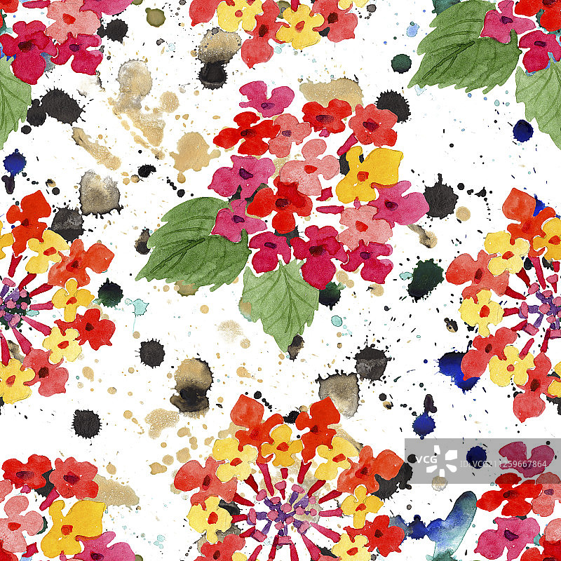 红色马缨丹花卉植物水彩背景插图套装无缝背景图案图片素材