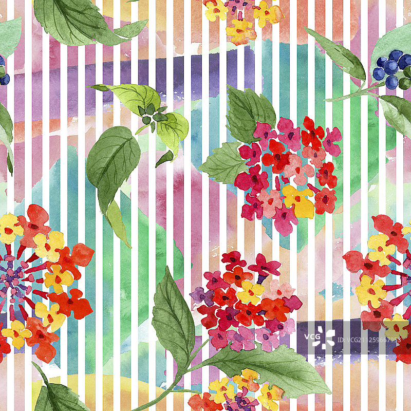 红色马缨丹花卉植物水彩背景插图套装无缝背景图案图片素材