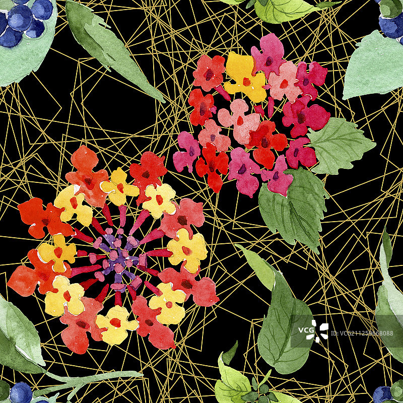 红色马缨丹花卉植物水彩背景插图套装无缝背景图案图片素材