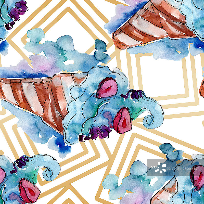 美味冰淇淋甜点水彩背景无缝图案图片素材