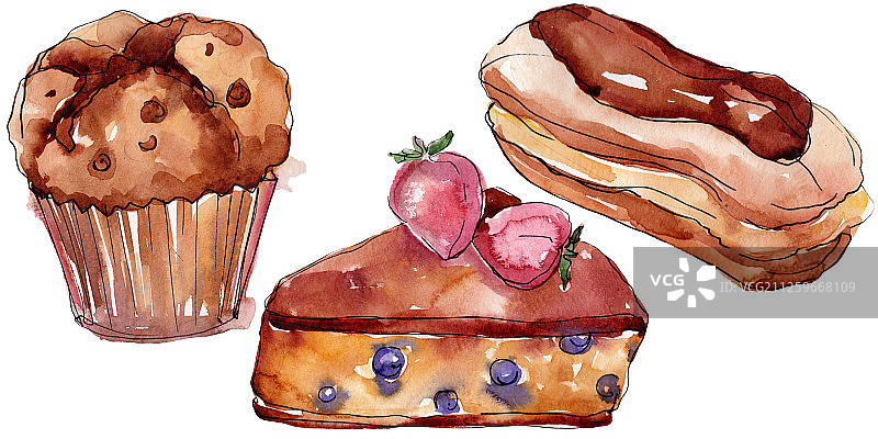 美味蛋糕和甜面包甜点，水彩背景，独立甜点插图元素图片素材