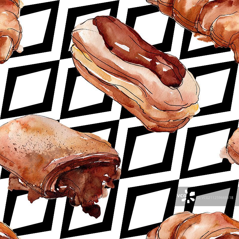 美味的蛋糕和甜面包甜点，水彩背景插图，无缝背景图案图片素材