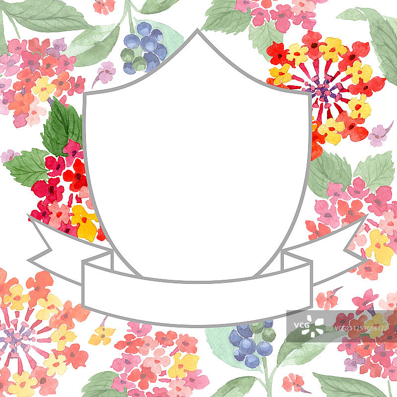 红色马缨丹花卉植物水彩背景边框装饰图片素材