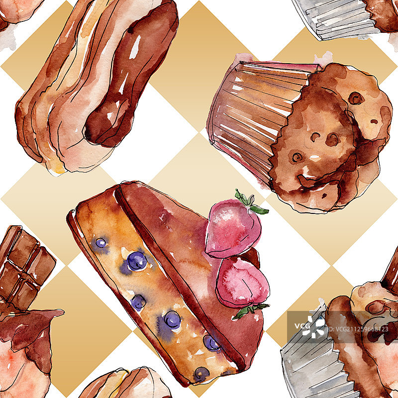美味的蛋糕和甜面包甜点，水彩背景插图，无缝背景图案图片素材
