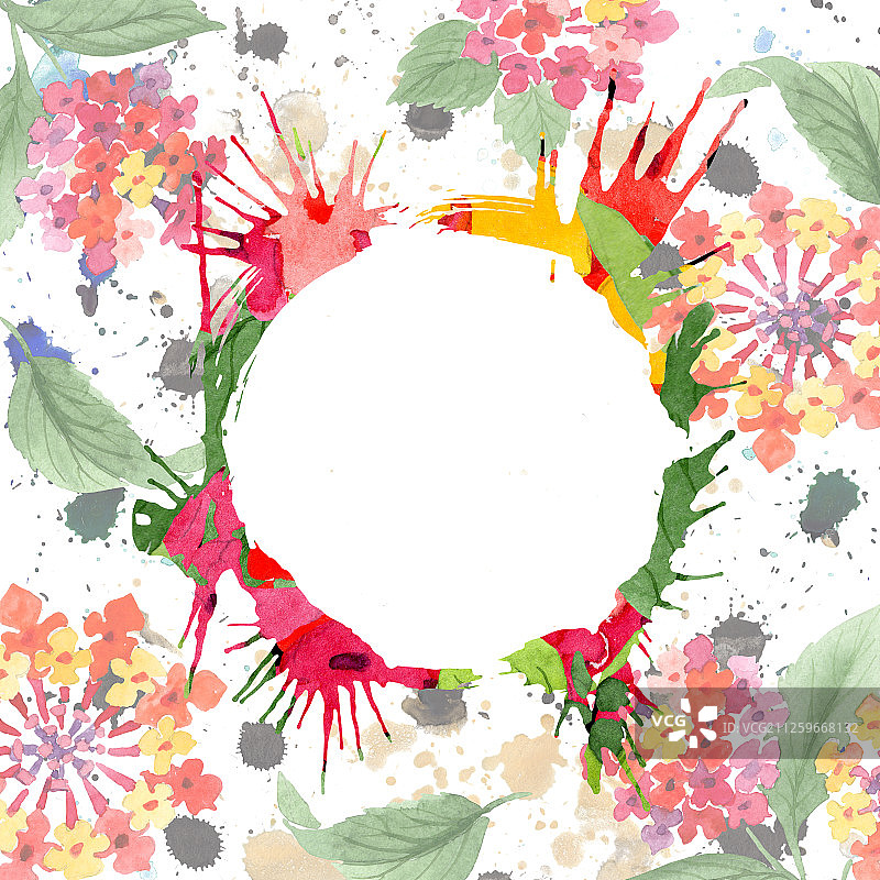 红色马缨丹花卉植物水彩背景边框装饰图片素材