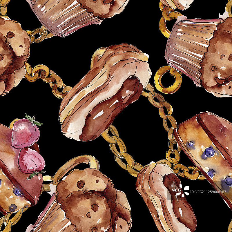 美味的蛋糕和甜面包甜点，水彩背景插图，无缝背景图案图片素材