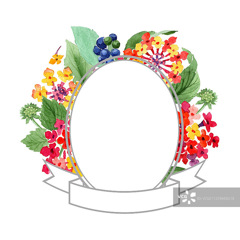 红色马缨丹花卉植物水彩背景边框装饰图片素材