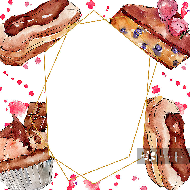 美味蛋糕和甜面包甜点水彩边框图片素材