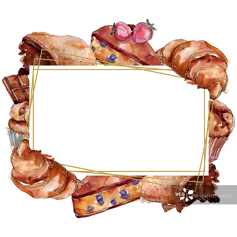 美味蛋糕和甜面包甜点水彩边框图片素材