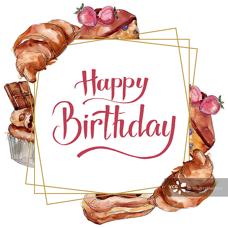 美味蛋糕和甜面包甜点水彩边框图片素材