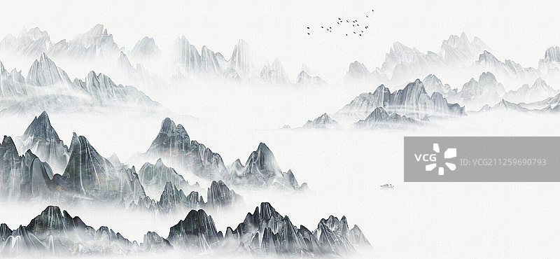 手绘意境山水画 复古山水画图片素材