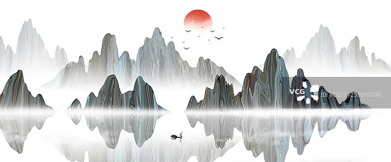 手绘意境山水画 复古山水画图片素材