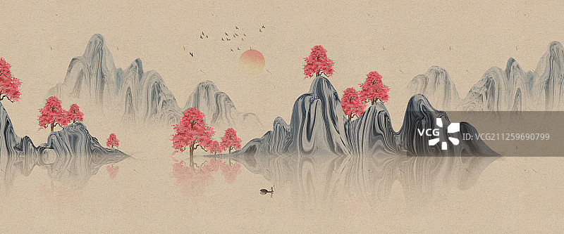 手绘意境山水画 复古山水画图片素材