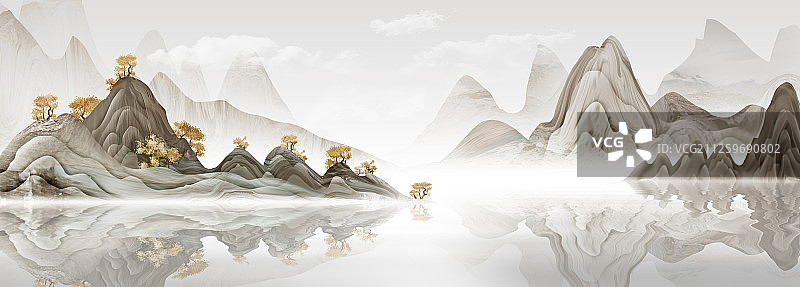 手绘意境山水画 复古山水画图片素材