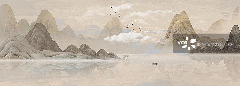 手绘意境山水画 复古山水画图片素材