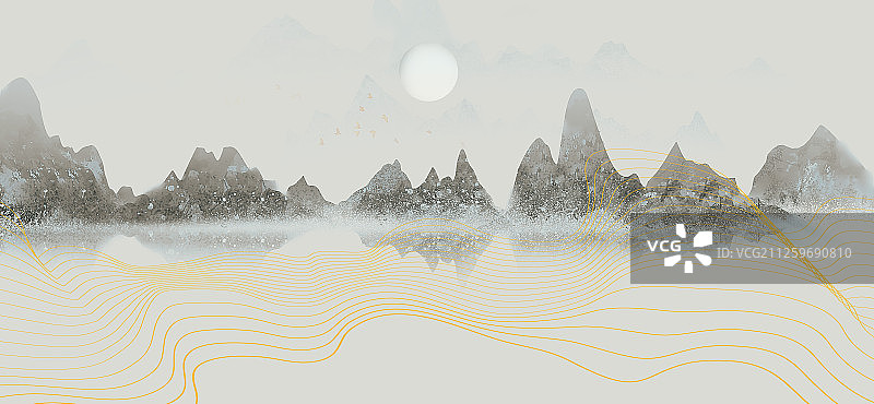 手绘意境山水画 复古山水画图片素材